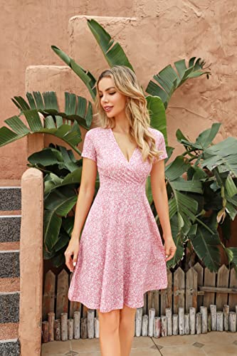 Microstar Summer Dress For Women 2023 Short Sleeve Unique Cross Wrap Casual Knee Length Sun Beach Dresses Floral Pink #TOP5