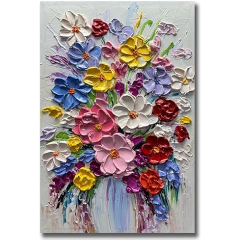 V-inspire Art,24 x 36 Inch Modern 100% Hand-Painted Abstract Oil Painting Colorful Bouquets Full 3D Flower Murals Living room Bedroom Wall Decoration Cover