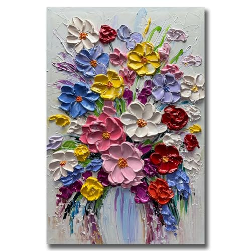 V-inspire Art,24 x 36 Inch Modern 100% Hand-Painted Abstract Oil Painting Colorful Bouquets Full 3D Flower Murals Living room Bedroom Wall Decoration