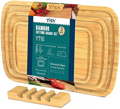 Bamboo Cutting Board Kitchen Chopping-Board: YISH Bamboo Chop Board Set of 3 With Juice Groove Wood Cutting Boards with Holder for Meat Vegetables - 15"x10" & 13"x8" & 10"x6.2"