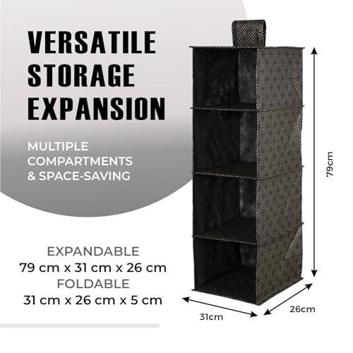 Image of Kuber Industries Non Woven Foldable 4 Shelf Hanging Closet Organizer /Organiser | Wardrobe /Cupboard /Almirah Hanging Cloth Organizer | Perfect for Clothes /Garment | Golden-Dot-Black