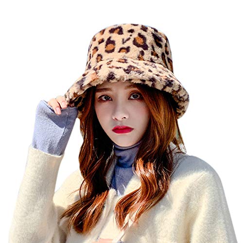 Women Girls Winter Plush Bucket Hat Leopard Print Fuzzy Warm Bucket Caps Faux Fur Fisherman Hats Casual #TOP1