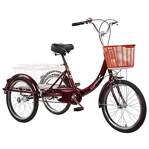 Triciclo para adultos de 20 pulgadas, velocidad única, con canasto, triciclo para ejercicio, compras, picnic y actividades al aire libre, color rojo vino miniatura 1