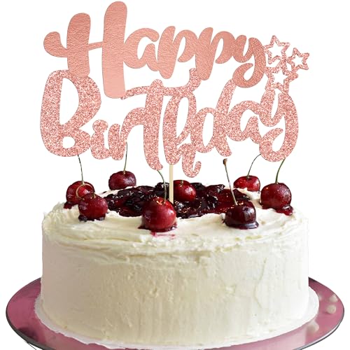 Ephlyn 1Pcs Happy Birthday Cake Topper Glitter Cake Pick for Celebrating Anniversary Theme Party Cake Decorations Supplies Rose Gold