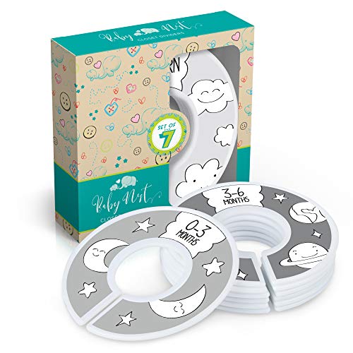 picture of a set of plastic baby clothes organizers for the closet, sorted by size; includes a link to purchase on Amazon