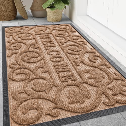 Image of Smiry Welcome Door Mat Outside Entrance, Heavy Duty Trap Dirt and Moisture Easy Clean Low Profile Patio Porch Indoor Outdoor Front Doormat for Entry, 47x32 Inch, Coffee