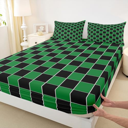 Image of Erosebridal Plaid Sheet Set Queen Green Black Checkerboard Bed Sheets Geometric Checkered Bedding for Kids Boys Girls,Aesthetic Grids Bed Sheets Set 4 Piece