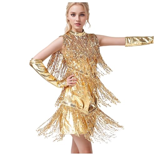 Generisch Damen Pailletten Fransen Kleid mit Armstulpen – Vintage 1920er Kostüm Latin Tanzkleid Glitzer Cocktailkleid Abendkleid für Party...