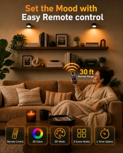 Image of Wall Mounted Lights, Rechargeable RGB Color Changing Light, 3 Color Temps & Remote and Touch, 360Rotation Dimmable Cordless for Study Bedroom Reading Bedside (Black)
