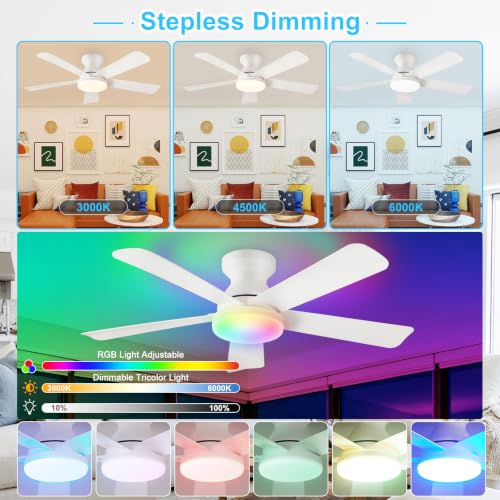 Image of Depuley Ceiling Fan with RGB Light: 42-Inch White Small Fans for Bedroom Indoor Outdoor - Dimmable Low Profile Ceiling Fans with Remote Control Flush Mount 5 Reversible White Blades 6 Speeds Timer