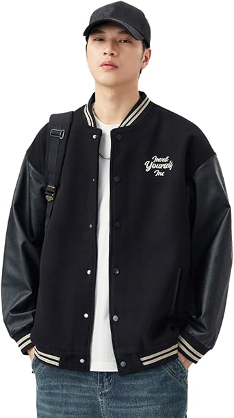 YUE472 Mens Baseball Jacket, Embroidered, Spring and Autumn, Varsity Flight Jacket, Patchwork, Blouson, American Casual, Windproof, Loose, Large Size