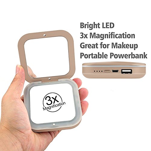 Compact Mirrors Power Bank 3X Magnifying Built-in LED Light Travel Face Beauty Makeup Slim USB Charger External 4000mAh Battery Purses Handbag Mini for Ladies Girls Auto Off VIIKING Gold