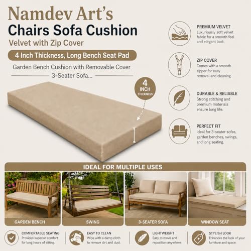 Image of Namdev Art's Chairs Sofa Cushion Pu Foam with Zip Cover 4 Inch Thickness, 3-Seater Sofa Foam Seat for Home (Beige, 60x24)