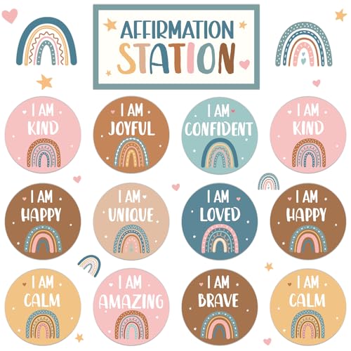 BOHO Affirmation Station Bulletin Board Set Rainbow Positive Bulletin Board for Classroom Mirror Growth Mindset Decoration Inspirational Motivational Accent Cutouts for Home School Teacher Wall Supply