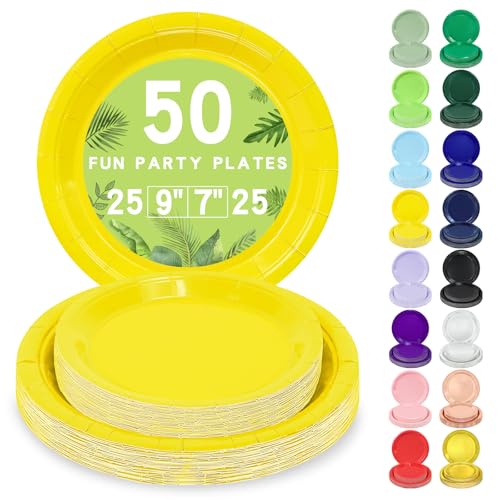 LANLISA 50 Yellow Paper Plates Disposable 25-9 & 25-7 Disposable Birthday Cake Dessert Plates For Baby Shower Easter Party Supplies