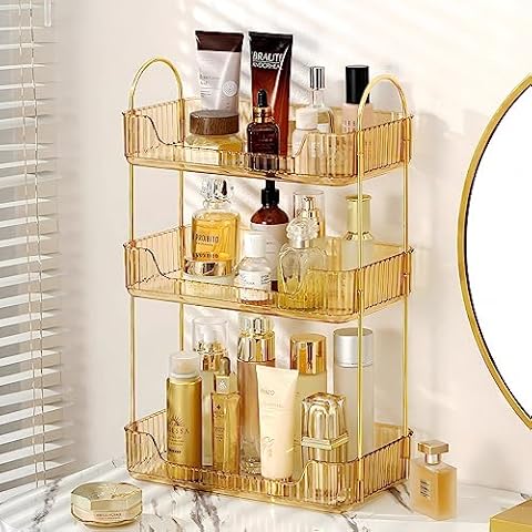 INVSSENE Bathroom Organizer Countertop, Vanity Organizer Trays for Bathroom Counter, Bathroom Tray Counter Organizer, Plastic Tray Stand for Perfume, Makeup, Skincare(Yellow, 3 Tiers) Cover