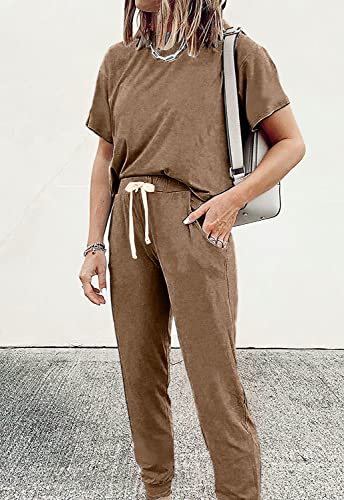 Image of PRETTYGARDEN Women Summer Two Piece Outfits Striped Short Sleeve Pullover and Long Pants Tracksuit Travel Pajama Lounge Set