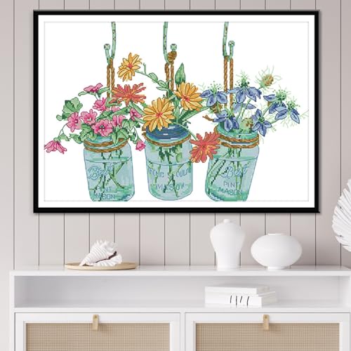Image of Rosyfoxes Cross Stitch Kits Stamped Full Range of Embroidery Starter Kits for Beginners DIY- Printed Kit Three Vase of Flowers 1(Printed) 11CT 3 Strands 20.9x15.4 inches