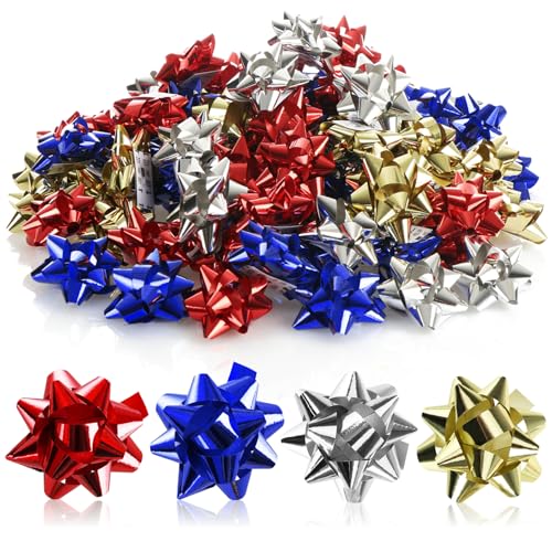 COM-FOUR® 100x Geschenkschleife in tollen Farben - selbstklebende Fertigschleife zur Dekoration von Geschenken zu Weihnachten und Hochzeiten (100 Stück - Glanz - 4 Farben)