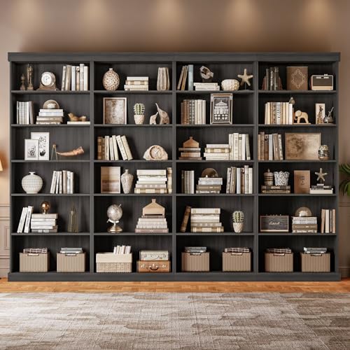 ivaniti 70.8" Tall Black Bookshelf, Farmhouse Modular Bookcase with 6-Tier Adjustable Shelves, Large Storage Cabinet for Home Office, Living Room, Set of 4