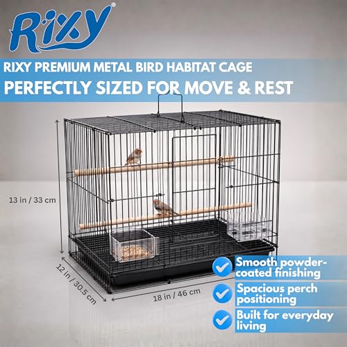 Image of Rixy Metal Bird Cage - 18 inch (1.5 feet) (Colour May Vary) | Habitat Cage with Free Hanging Toy (1) + Perches (2) + Food & Water Feeder Cups (2) for Budgies, Lovebirds, Finches, Cockatiels & Parrots