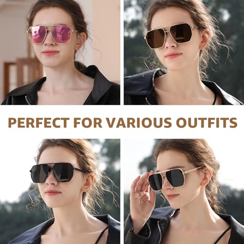 TJUTR Oversized Tangle‑Free Aviator Sunglasses for Women & Men, Polarized UV400 Shades, Square Metal Frame with Double‑Bridge3