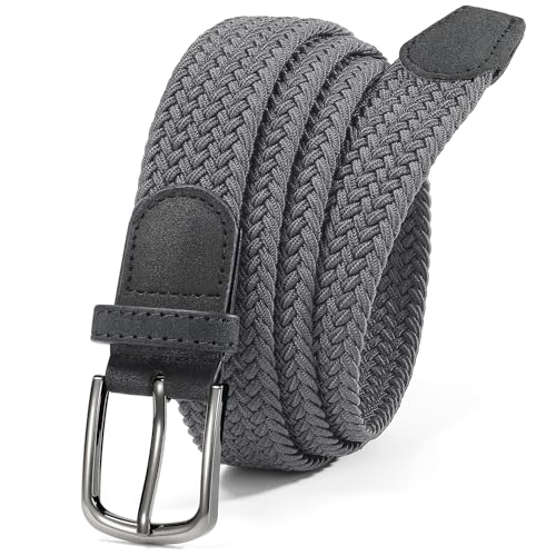 Mens Elastic Braided Belt Stretch Woven Web Belt for Golf Pants Shorts Jeans Casual (Grey Fits Waist 31-34)