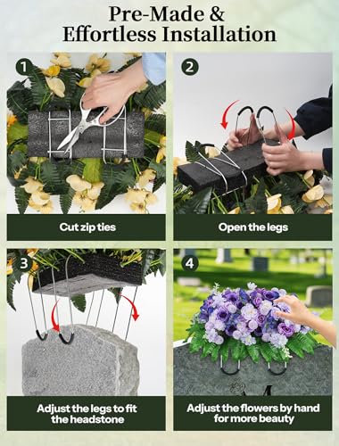 Cemetery Flower Saddles for Headstones: Purple Flowers Artificial Outdoors Grave Decorations Spring Easter Memorial Day - Fake Rose Camellia Tombstone Flowers Saddle for Cemetery G image 7