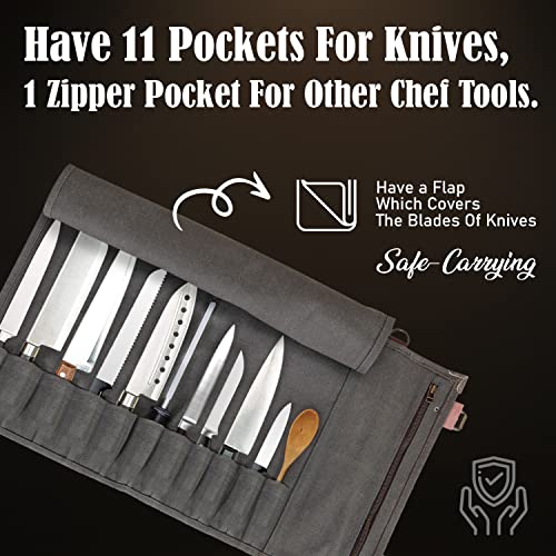 Begin Anywhere Knife Roll Bag,11 Knife Slots And A Large Zipper Pocket, Durable 14 Oz Canvas Knife Case With An Adjustable Shoulder Strap. Knives Not Included - Blade Travel Storage/Case, Gray #TOP3