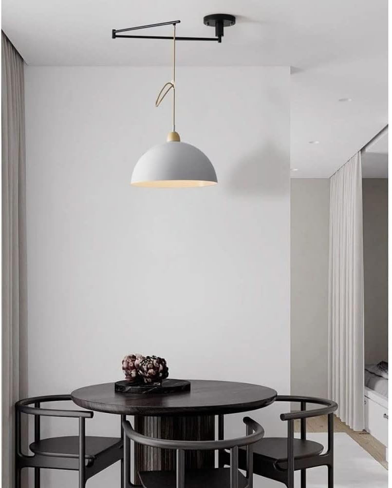 Vintage Swing Arm Ceiling Pendant Light Black White Industrial Metal Dome Lighting Fixture Regulowany Długie Ramię Mid Century Modern Żyrandol do Kuchennej Wyspy Farmhouse Jadalnia