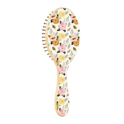 Wooden Hairbrush Vintage Flowers Watercolor Gold Orange Paddle Hairbrush Wooden
