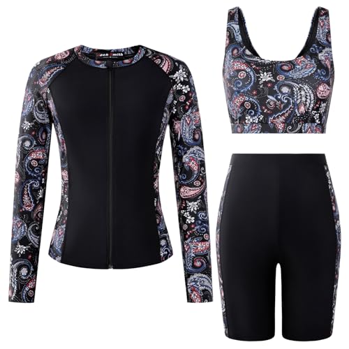 Image of JACK SMITH Women's 3 Piece Long Sleeve Rash Guard Swimsuits Zip Front Bathing Suit Tankini Swimsuits UPF 50