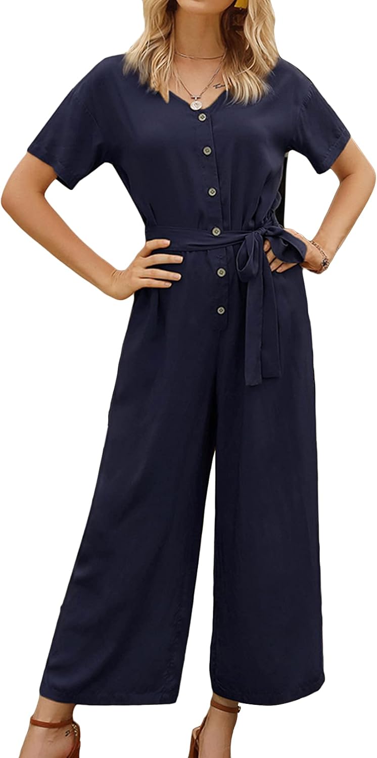 Lu's Chic Women's Short Sleeve Jumpsuit V Neck Romper Long Comfy Casual Fitted Loose Solid Midi