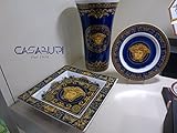 komplette Versace-Linie VERSACE. Set 3 Stuck Medusa Blue Vase cm 26 h+ Schale 22 x22 + Teller cm 18