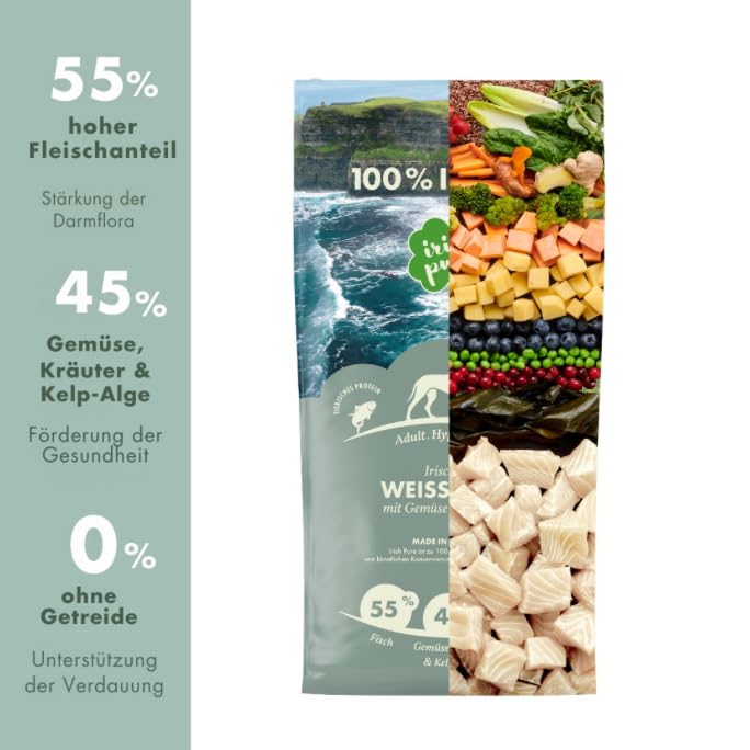 Irish Pure 4kg Trockenfutter Adult | Irischer Weißfisch mit Gemüse & Kelp-Alge | Hoher Fleischanteil | Getreidefrei | Hypoallergen | Single-Protein Hundefutter für ausgewachsene Hunde Aller Rassen
