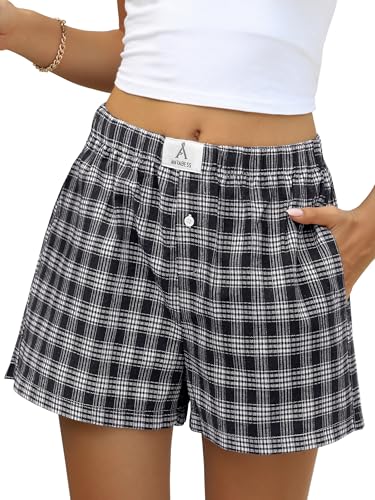 Image of ANRABESS Boxer Shorts for Women Gingham Pajama 2026 Summer Casual Lounge Sleep Plaid Shorts Y2K Beach Bottoms