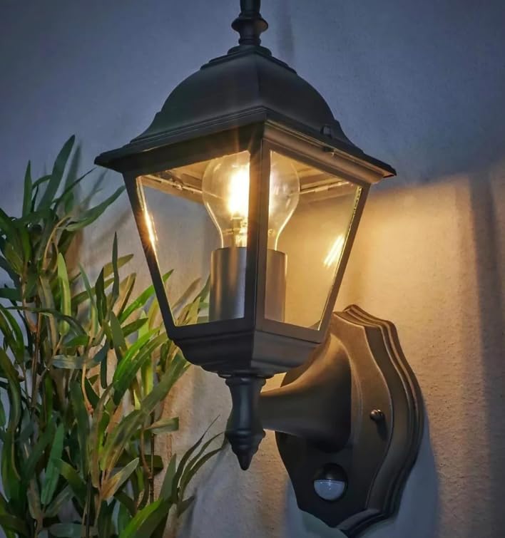 4-Sided Traditional Black Wall Lantern Outdoor Security Light with PIR Movement Sensor Plus Free LED Bulb