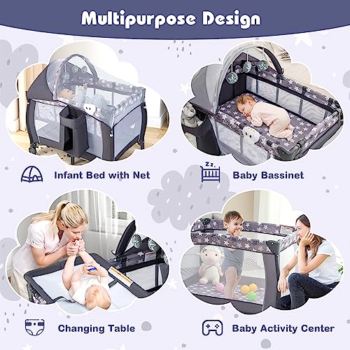 Honey Joy Pack And Play, 4-In-1 Foldable Nursery Center With Full-Size Infant Bassinet & Diaper Changer, Portable Toddler Crib W/Mattress & Net, Music Box, Toys, Baby Playard W/Carry Bag, Gray #TOP1