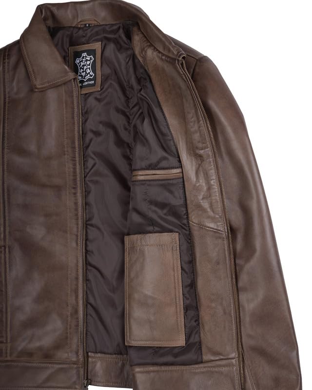 Image of Blingsoul Vintage Distressed Leather Jacket for Men - Shirt Collar Genuine Lambskin Mens Leather Jacket