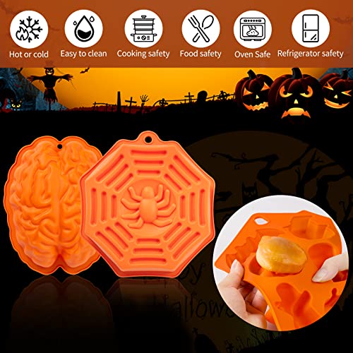 4 Pieces Halloween Silicone Molds, Baking Silicone Molds With Pumpkin, Spider Net And Brain, Halloween Baking Decorations For Making Soap Candle Candy Muffins Chocolates #TOP4