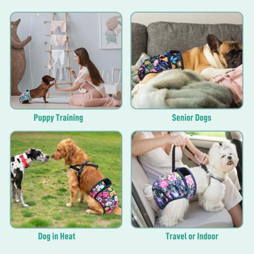 Image of Langsprit Female Dog Diapers for Doggie Puppy,Reusable Dog Period Diapers Female for Heat Peeing,Small Medium Large Doggy Diaper Washable,Dogs Pants 5 Pack, Colorful Flowers, Medium