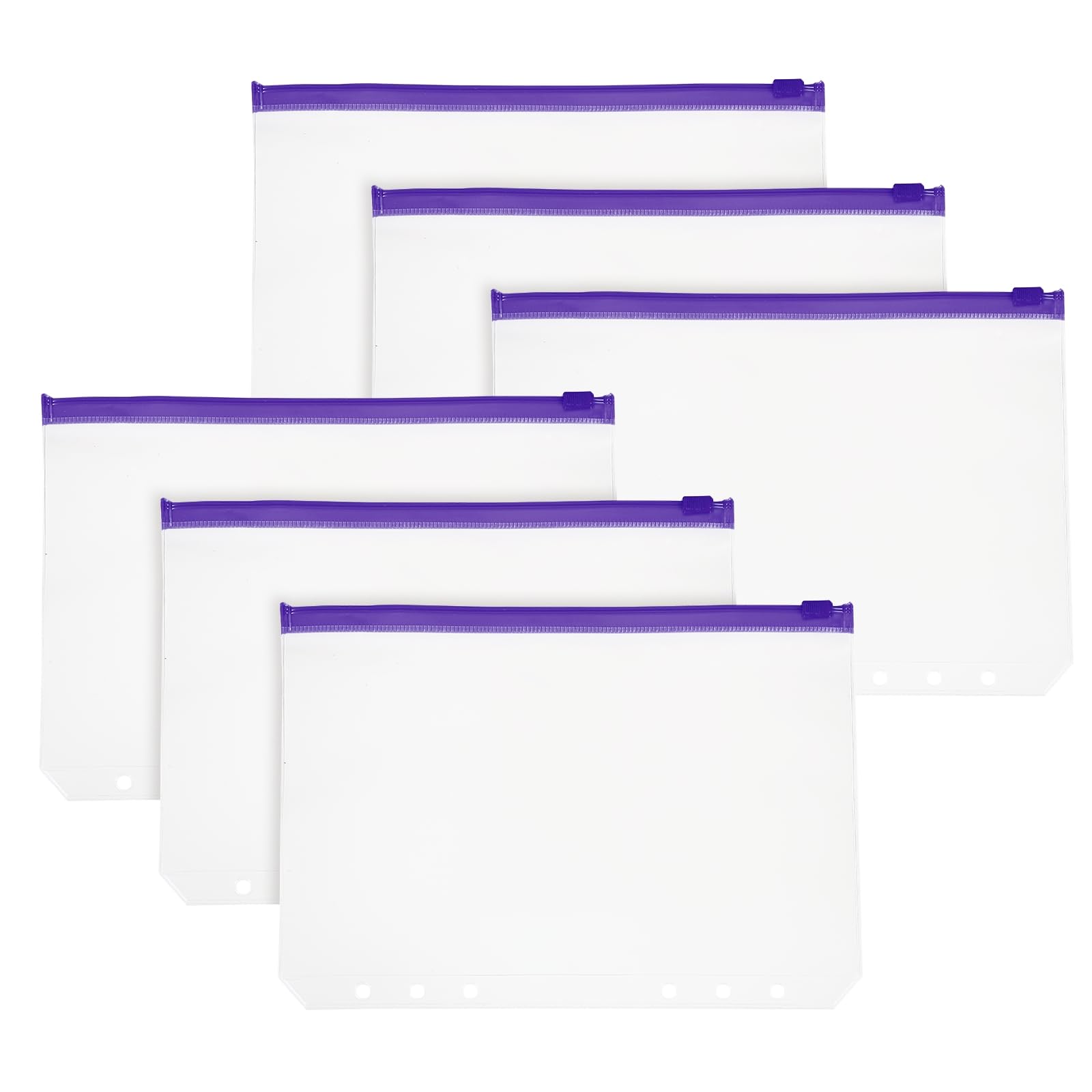 PATIKIL A5 Binder Pocket, 6 Pack 6 Holes Zipper Binder Pouch Budget Stuffing Envelopes Clear Storage Pocket Waterproof for Budget Planning Loose Leaf Bags, Purple Zip/Clear Pouch