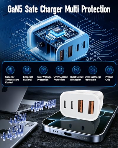 Image of 2PACK 120W USB C Fast Charging Block, 45W GaN5 Fast Charger USB C with Extra Long 10A 10 /6.6FT USB C Cable Fast Charger, 4Ports Type C Wall Charger for iPhone 17 /16 /15 /14 Pro Max, Galaxy, Mac Air iPad