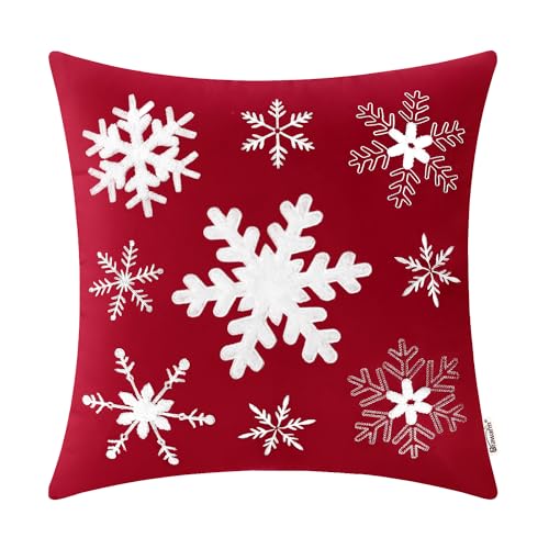 BRAWARM Snowflake Pillow Cover 18x18 Christmas Red Velvet Embroidered