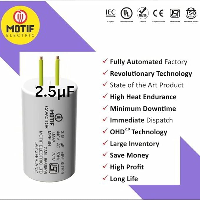 Image of Arrival Imports Motif ISI Electric Ceiling Fan Capacitor - 2.5μF, Reliable Performance for Efficient Fan Operation (4)
