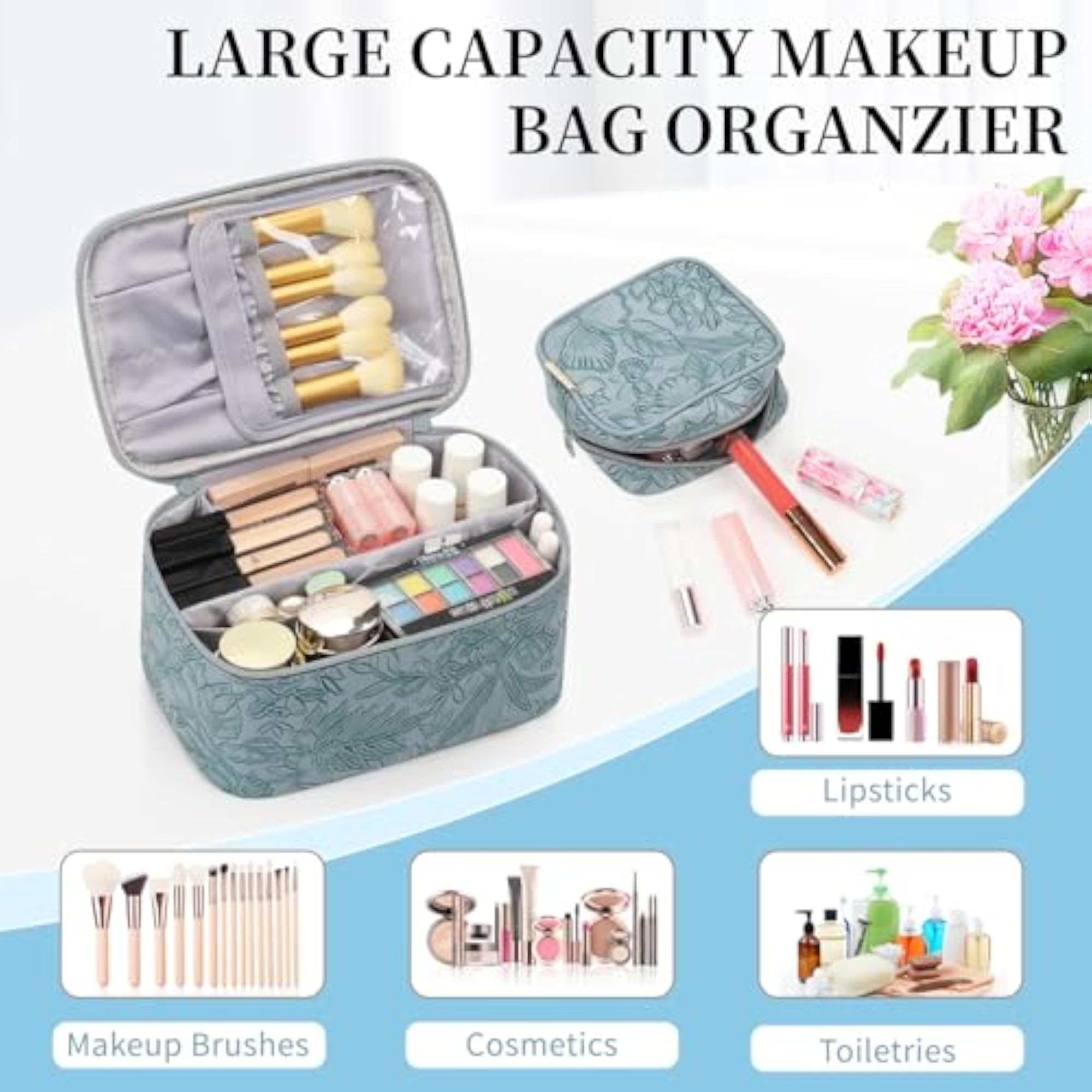 Large Makeup Organizer Case & Small Makeup Bag Set