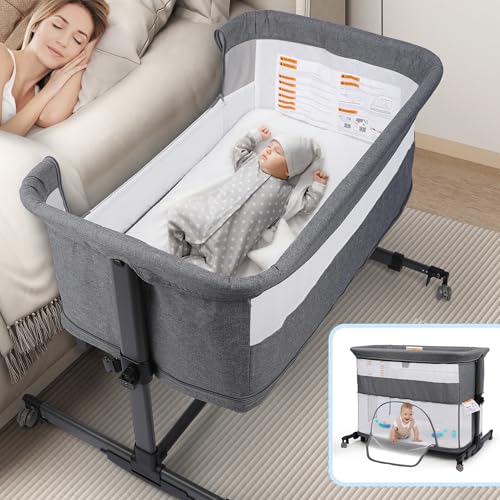 Image of Xilingol 5-in-1 Baby Bassinet Bedside Sleeper, Portable Baby Crib with Diaper Changing Station, Carry Bag, Cosleeper Bassinet Attach to Bed for Newborn to Toddlers, Grey