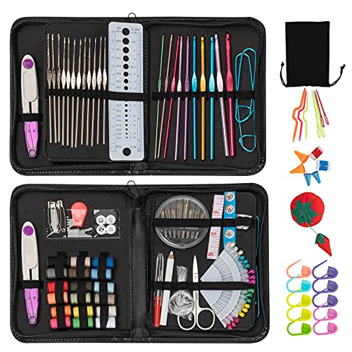 Crochet Hooks Set & Sewing Kit, Vagocom DIY Knitting Supplies and Sewing Accessories Organizer for Beginner,Adults,Home,Emergency, Filled with Crochet Hook,Scissors, Thimble, Thread, Needles etc