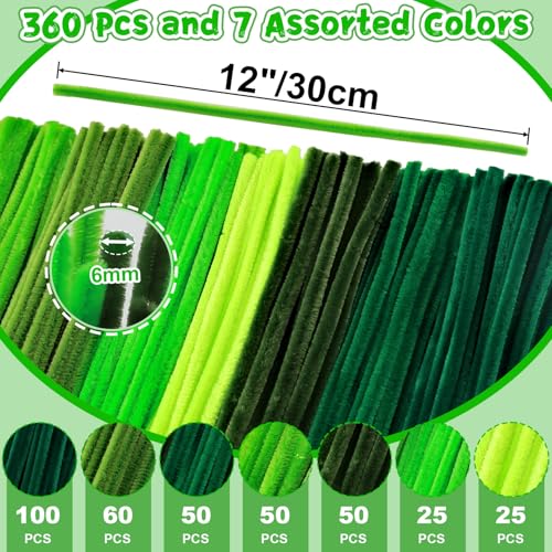 Yalumo Pipe Cleaners Craft Supplies, Green Pipe Cleaners Bulk, 360 Pieces 12 Inch Fuzzy Chenille Stems Sticks Set for Creative Fun Stuff Decorations Projects, Arts and Crafts for Kids and Adults - Image 2