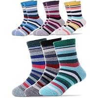 Sandsuced Kids Thermal Warm Merino Wool Socks for Walking Toddlers Boys Girls Winter Thick Heavy Cosy Cabin Boot Crew Hiking Striped Socks 6 Pairs